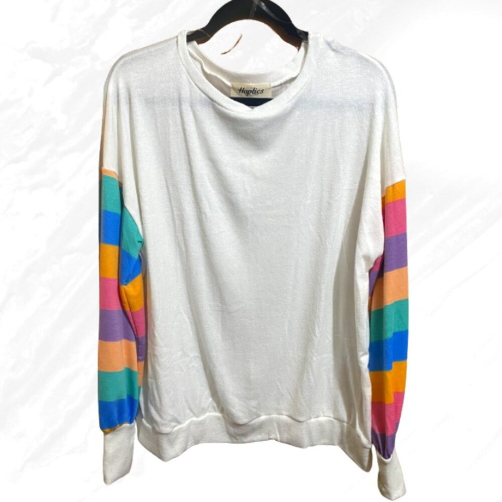 Haptics Women's Cream Stripe Drop Shoulder Hacci Knit Pullover